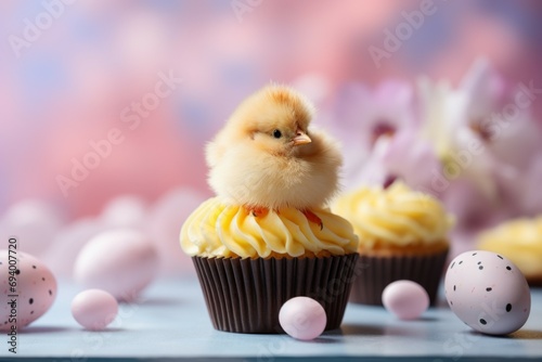 Easter cupcake with holiday themed background, selective focus with copy space © top images