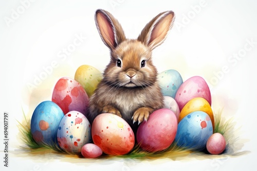 Watercolor drawing of the Easter bunny. Background with selective focus and copy space © top images