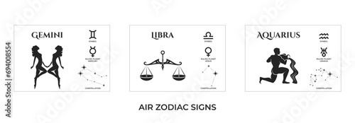 air zodiac signs. gemini, libra and aquarius. constellation and ruling planet symbol. astrology and horoscope symbol