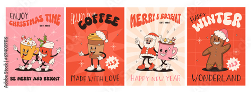 Funny Retro cartoon Christmas characters in groovy 50s, 60s, 70s Vintage Style. Happy new year mascot with hot coffee, cocoa, gingerbread, cupcake, santa, present. Xmas vintage characters.