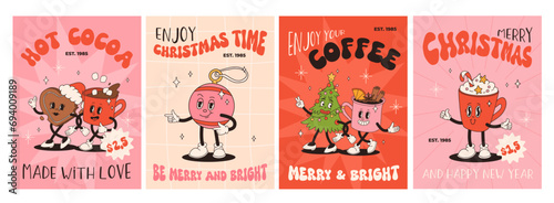 Funny Retro cartoon Christmas characters in groovy 50s, 60s, 70s Vintage Style. Happy new year mascot with hot coffee, cocoa, gingerbread, cupcake, santa, present. Xmas vintage characters.