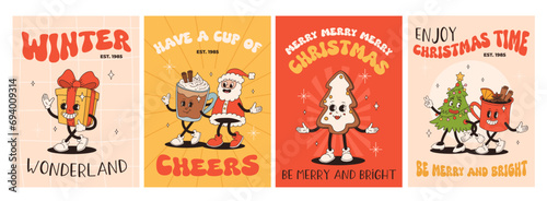 Funny Retro cartoon Christmas characters in groovy 50s, 60s, 70s Vintage Style. Happy new year mascot with hot coffee, cocoa, gingerbread, cupcake, santa, present. Xmas vintage characters.