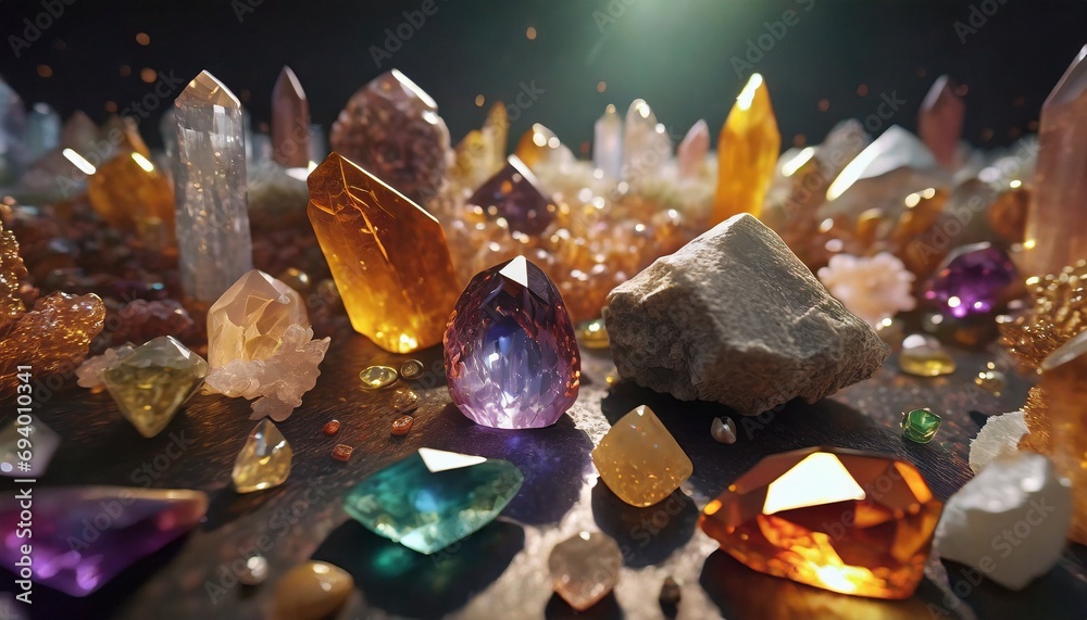 A lot of crystals and gemstones on a dark background. Natural minerals such as agate, amber, amethyst, quartz and others. A scattering of precious stones A lot of crystals and gemstones on a dark background. Natural minerals such as agate, amber, amethyst, quartz and others. A scattering of precious stones