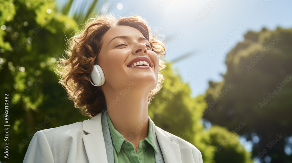 Woman wearing headphones and smiling with closed eyes, enjoying music outdoors on a sunny day Woman wearing headphones and smiling with closed eyes, enjoying music outdoors on a sunny day