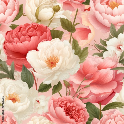 Delicate Roses and Peonies Seamless Design AI Generated