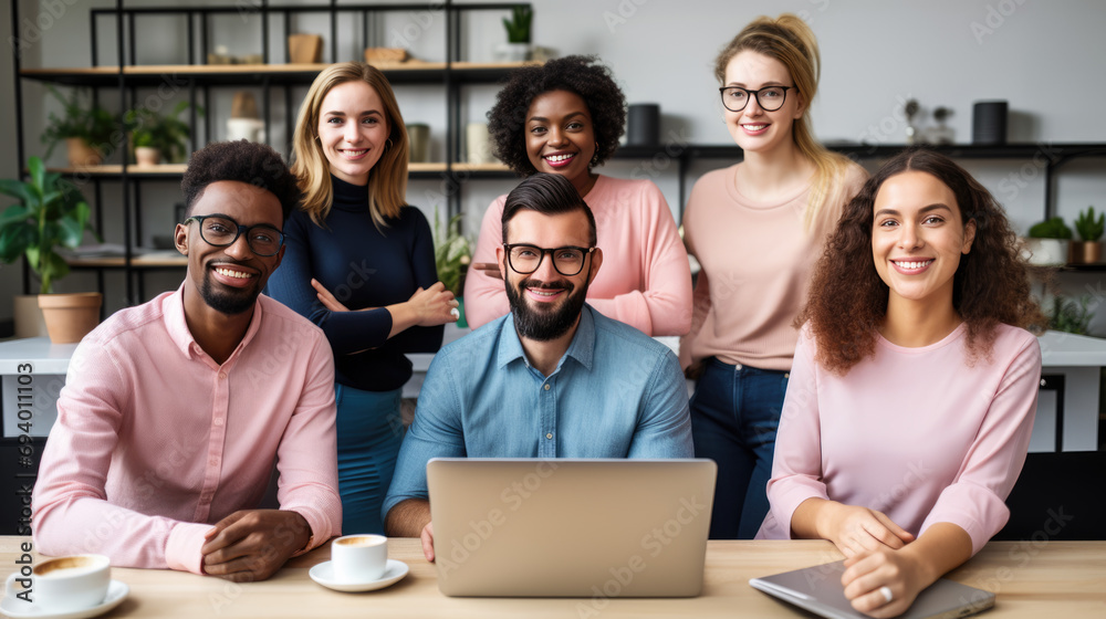 Obraz premium Smiling and successful group of men and women in a company's office