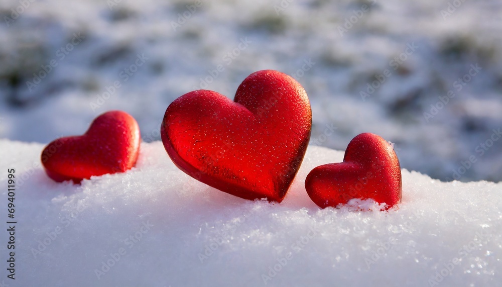 Big red shiny hearts in white snow with bokeh effect background. Valentine's day Big red shiny hearts in white snow with bokeh effect background. Valentine's day