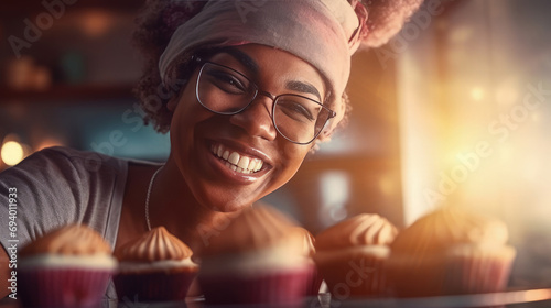 Cheerful black female baker portrait proudly displaying her scrumptious cakes, sunlight background, smiling baker is happy to treat you to her delicious culinary masterpieces, passion for cooking photo