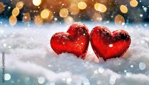  Big red shiny hearts in white snow with bokeh effect background. Valentine's day