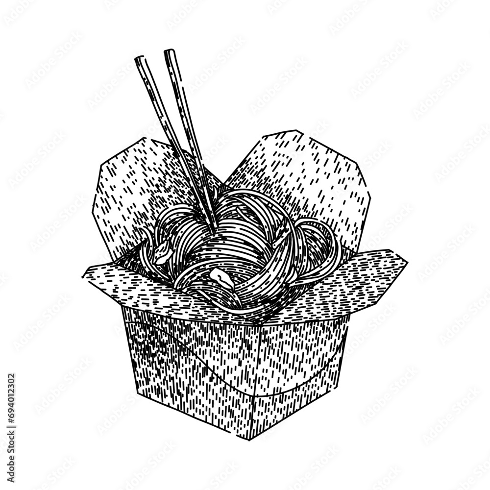 Fototapeta premium food noodles hand drawn. chinese tasty, yellow bowl, texture cuisine food noodles vector sketch. isolated black illustration
