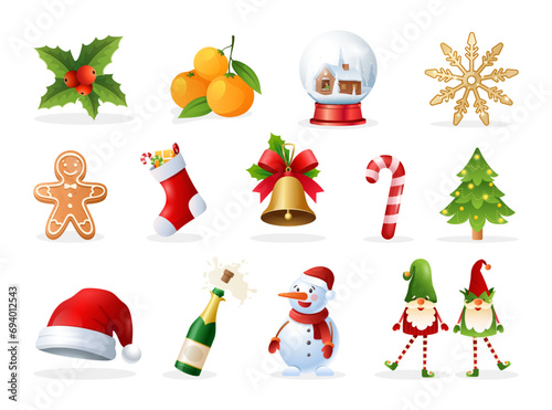 Christmas icons. Vector winter icon set with gingerbread man, snowman, bell, candy, gift, santa hat, gnomes. Festive symbols and design elements. Xmas design for holidays decoration and celebration