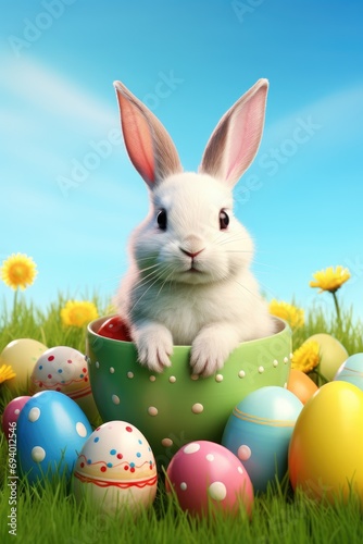 White Easter bunny in a green basket surrounded by colorful Easter eggs on the ground