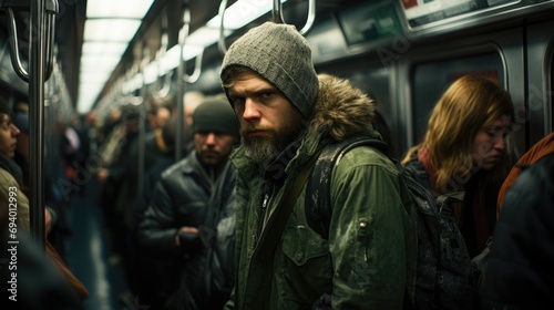 Subway solitude: Faces carry a sullen tone during rush hour, capturing the weariness and introspection of daily commuter life