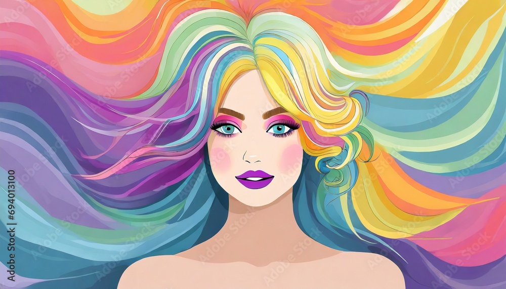  Pretty girl with colorful hair. Young woman with bright makeup and rainbow dyed hairstyle. Female face on background of colored fluttering curls. Professional haircut and coloring