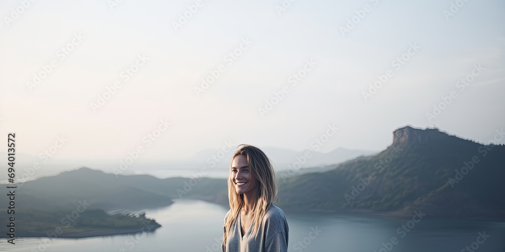 A young woman finds tranquility atop a misty mountain peak, enjoying the freedom and beauty of nature during a hiking holiday.
