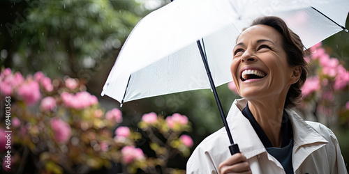 A relaxed, mature woman with an umbrella enjoys nature in a blooming garden during summer. photo