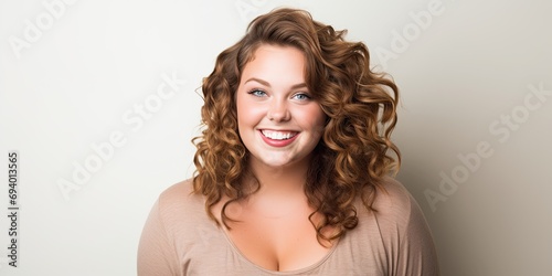 An excited and elegant portrait of a naturally pretty, plump woman with wavy hair.