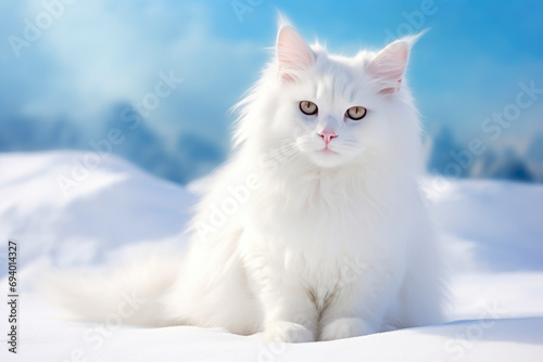 Graceful Turkish Angora Cat in Winter Wonderland © AIproduction