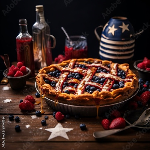 American pie. Blueberry and raspberry pie. With american flag decoration