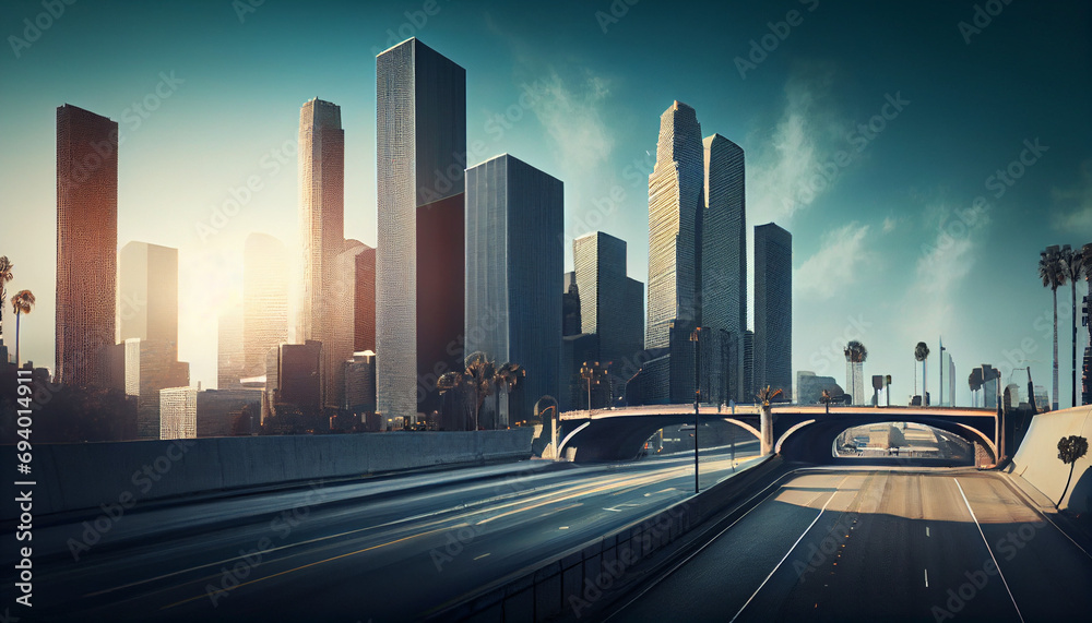 Los Angeles downtown buildings skyline highway traffic concept background, Ai generated image.