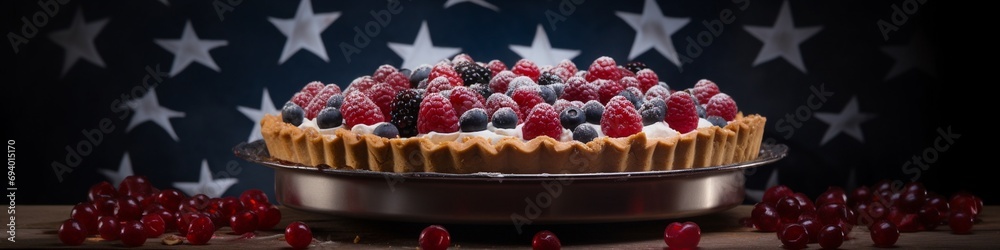 American pie. Blueberry and raspberry pie. With american flag decoration. Banner American pie. Blueberry and raspberry pie. With american flag decoration. Banner