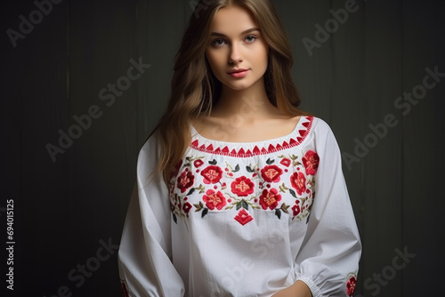 Caucasian woman in traditional clothes, embroidered national shirt