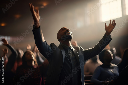 Stampa su tela Spiritual Upliftment: Man Praising at Church Gathering