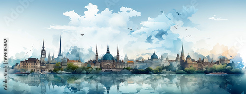 World travel destinations banner digital painting with different landmarks on  one banner for tourism promotions. photo