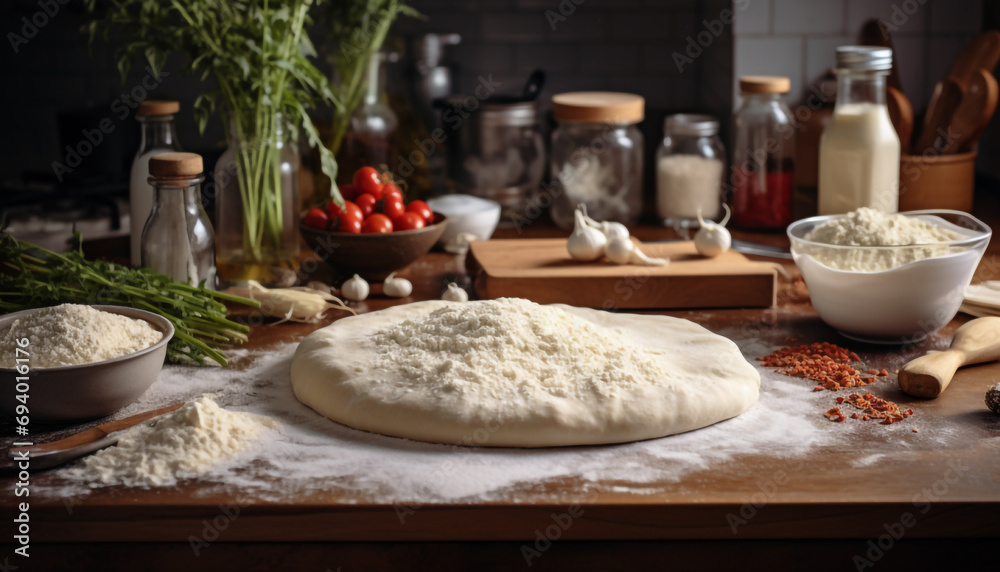 Flour Dough Garlic and Tomatoes on a kitchen countertop Flour Dough Garlic and Tomatoes on a kitchen countertop