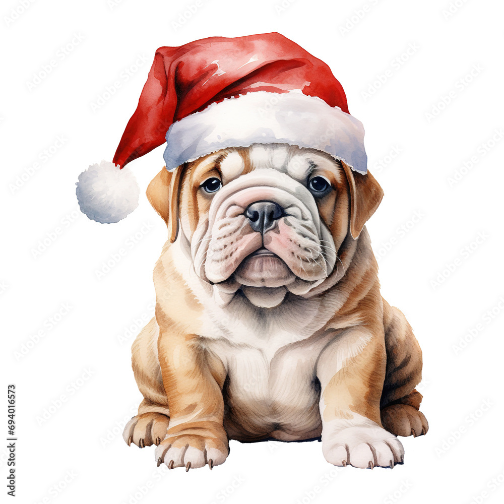 Bulldog with a santa hat on its head