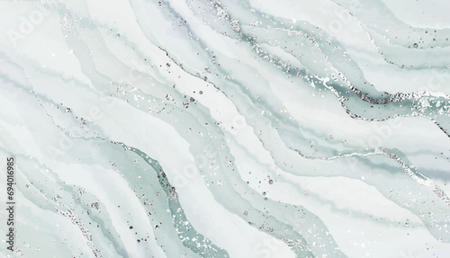 Modern marble stone texture border with silver waves and glitter splatter.