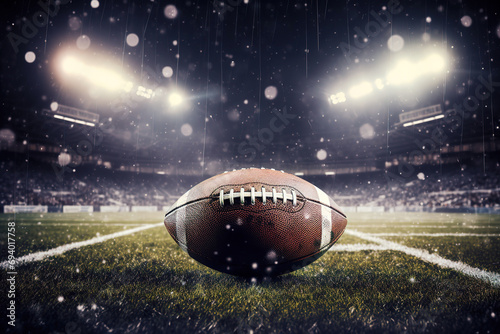 American football ball on the American football field. Generative AI photo