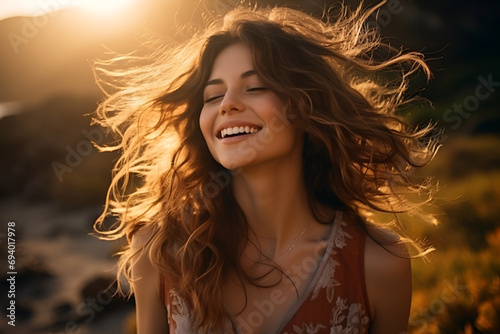 Backlit Portrait of calm happy smiling free woman with closed eyes enjoys a beautiful moment life at the ocean on sunset photo