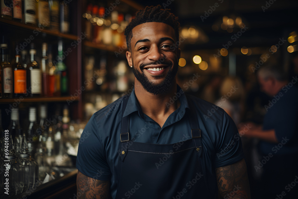 Black Male Bartender Employee Job Expertise Workplace Background - obrazy, fototapety, plakaty 