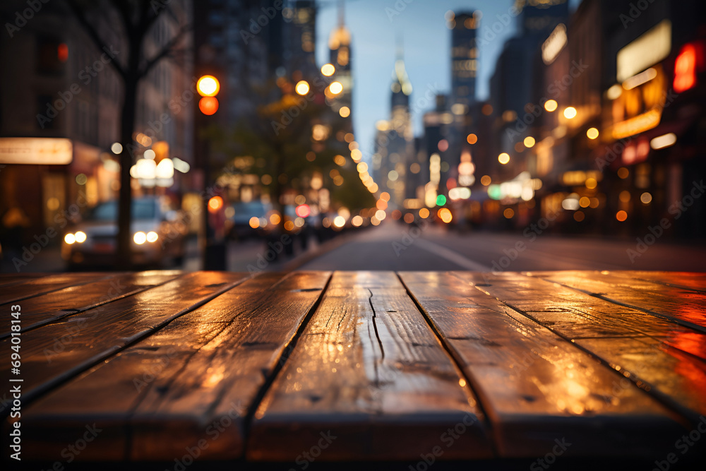 The empty wooden table top with blur background of NYC street. Exuberant image