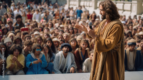 Jesus Christ with microphone on stage, motivational speech © Kondor83