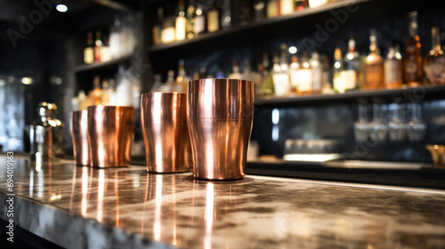 Classic marble bar counter with copper shakers and glassware