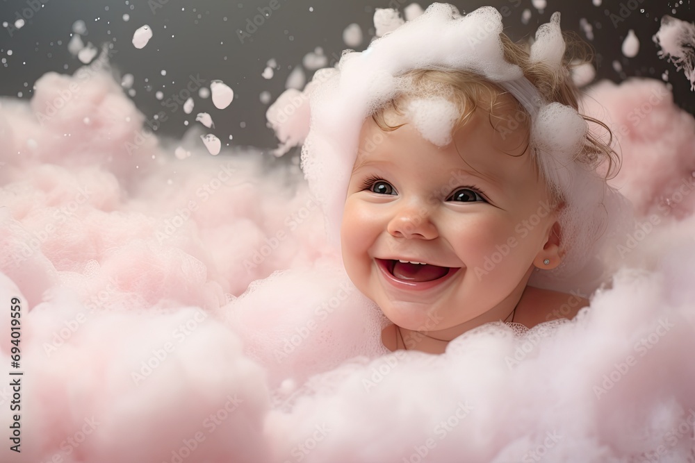 Cute caucasian baby girl, enjoying a clean and hygienic bath, showcasing innocence and joy.