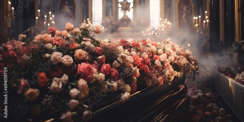 A casket adorned with numerous blooms and lit candles in a lovely church service.