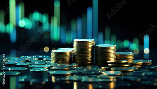 finance stock market trend with money coins and bitcoins cryptocurrency
