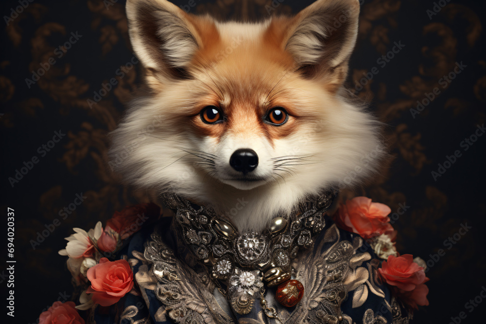 A bewitching close-up of an urbane fox wearing elaborate embellishments, looking into the lens with enigimatic and captivating eyes.