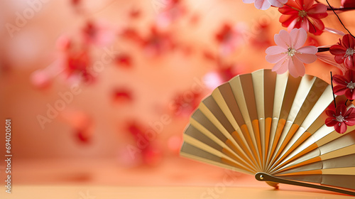  Japanese folding fan in red, with cherry blossom for, copy space 