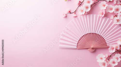  Japanese folding fan in pink  with cherry blossom for  copy space 