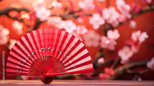  Japanese folding fan in red, with cherry blossom for, copy space 