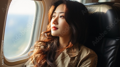 An Asian female seated on an airplane, gazing out the window, symbolizing a holiday journey. © ckybe