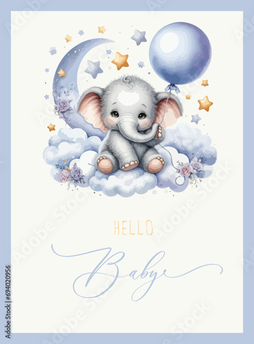 Cute baby shower watercolor invitation card with elephant on cloud. Hello baby calligraphy.