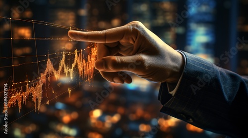 Navigate the world of finance as a businessman points to the upward trajectory of a metaverse technology financial graph‚Äîa symbol of success and growth in the digital economy.