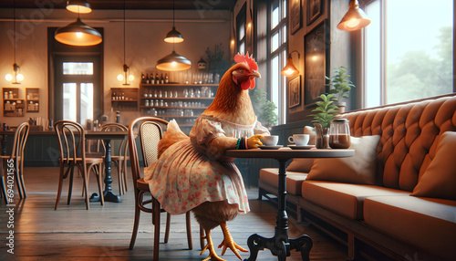 Fotografia Hen with coffee in vintage cafe