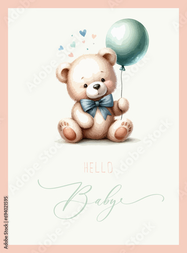 Cute baby shower watercolor invitation card with bear. Hello baby calligraphy.