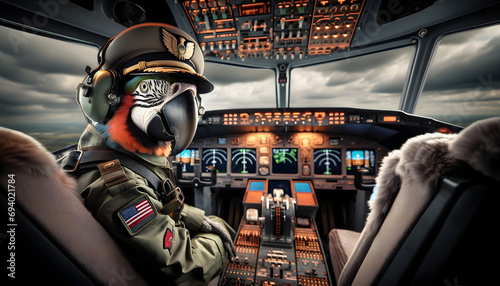 Parrot in pilot outfit in cockpit photo